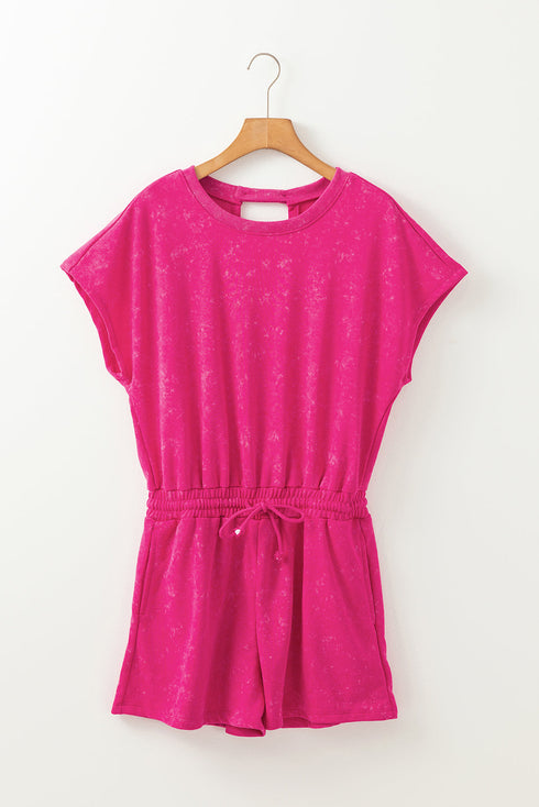 Edgy Casual Mineral Wash Short Sleeve Drawstring Cutout Back Romper